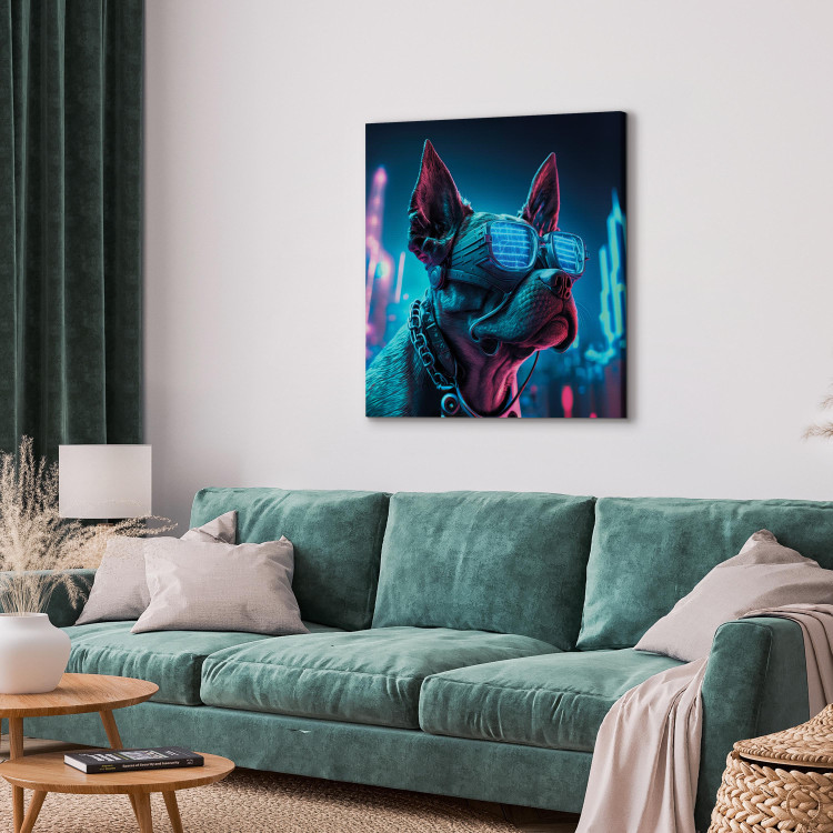 Canvas Print AI Dog Boston Terrier - Blue Animal in Glowing Glasses on City Neon Background - Square 150123 additionalImage 4
