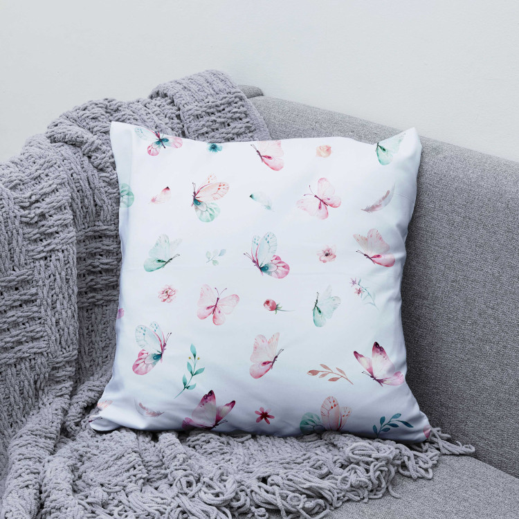 Decorative Microfiber Pillow Pastel Butterflies - Delicate Composition With Insects on a White Background 151323 additionalImage 2
