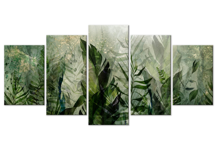 Canvas Art Print Tropical Leaves - Plants in Dew Against a Background of Greenery in the Mist 151423