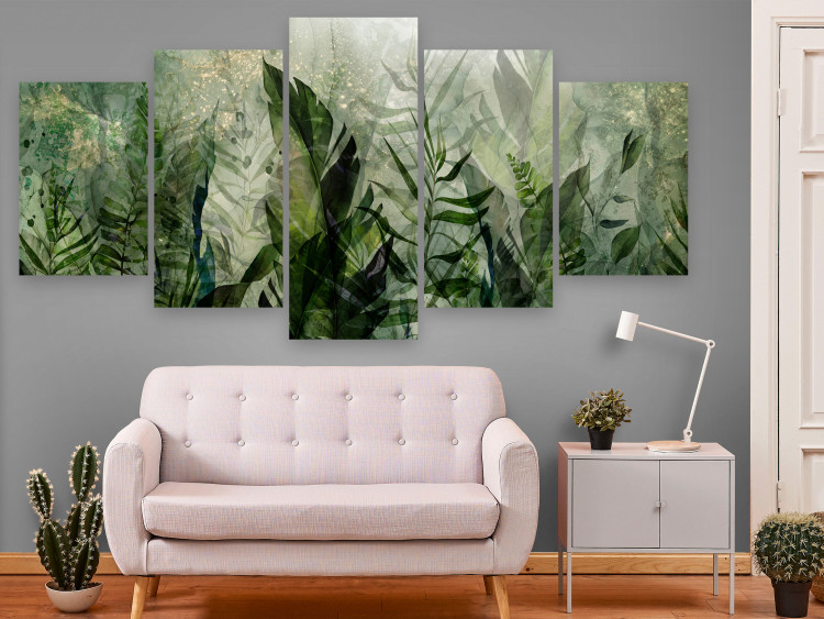 Canvas Art Print Tropical Leaves - Plants in Dew Against a Background of Greenery in the Mist 151423 additionalImage 3