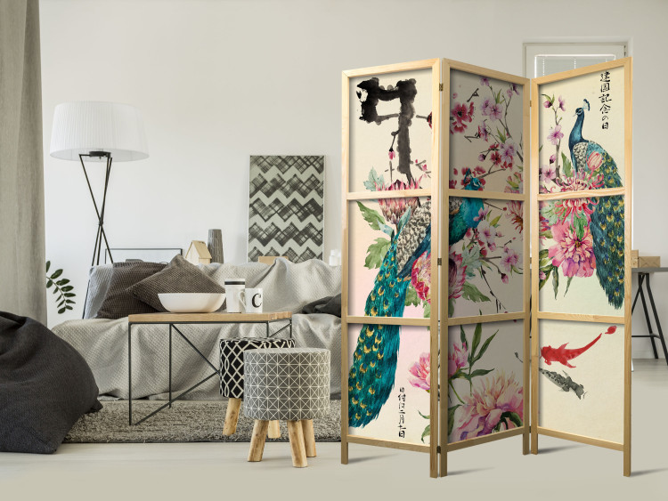Room Divider Screen Peacock Love - colorful peacocks on beige background in oriental motif 98223 additionalImage 8