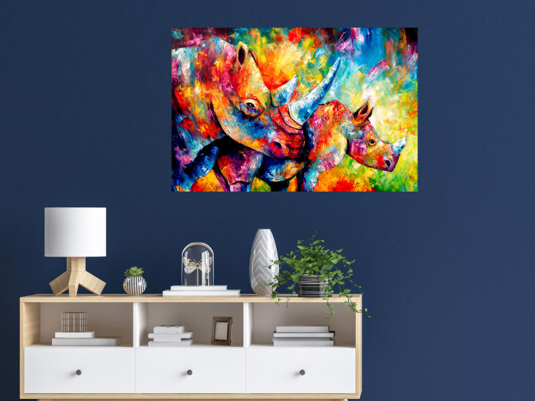 Poster Colorful Rhinoceroses - multicolored animals against a background of rainbow abstraction 127033 additionalImage 2