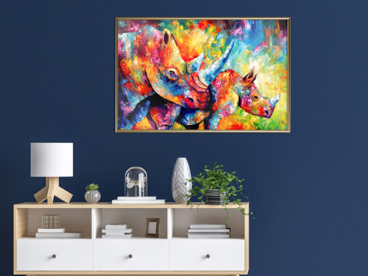Poster Colorful Rhinoceroses - multicolored animals against a background of rainbow abstraction 127033 additionalImage 5