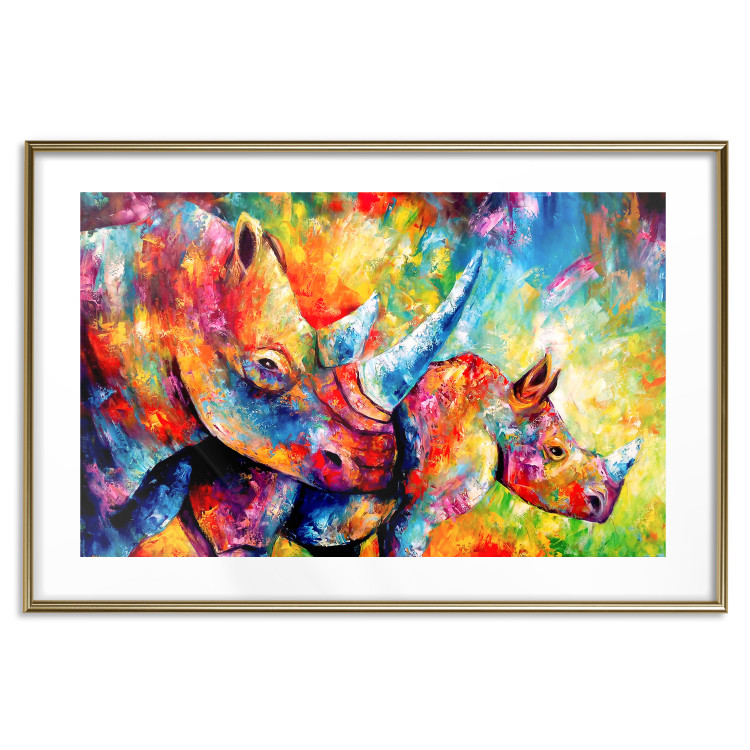 Poster Colorful Rhinoceroses - multicolored animals against a background of rainbow abstraction 127033 additionalImage 16