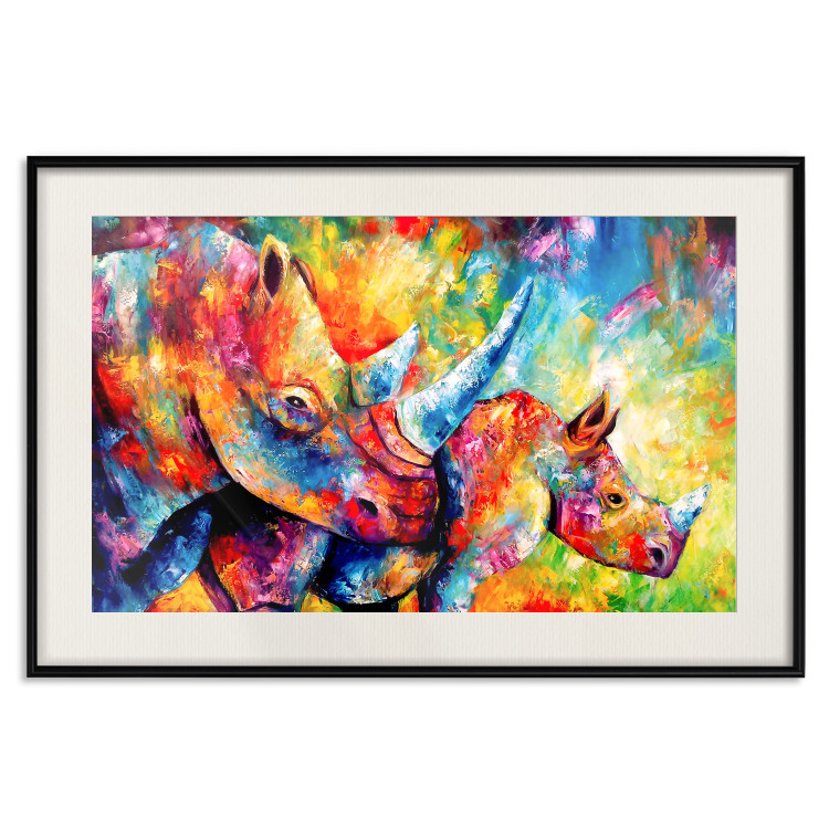 Poster Colorful Rhinoceroses - multicolored animals against a background of rainbow abstraction 127033 additionalImage 19