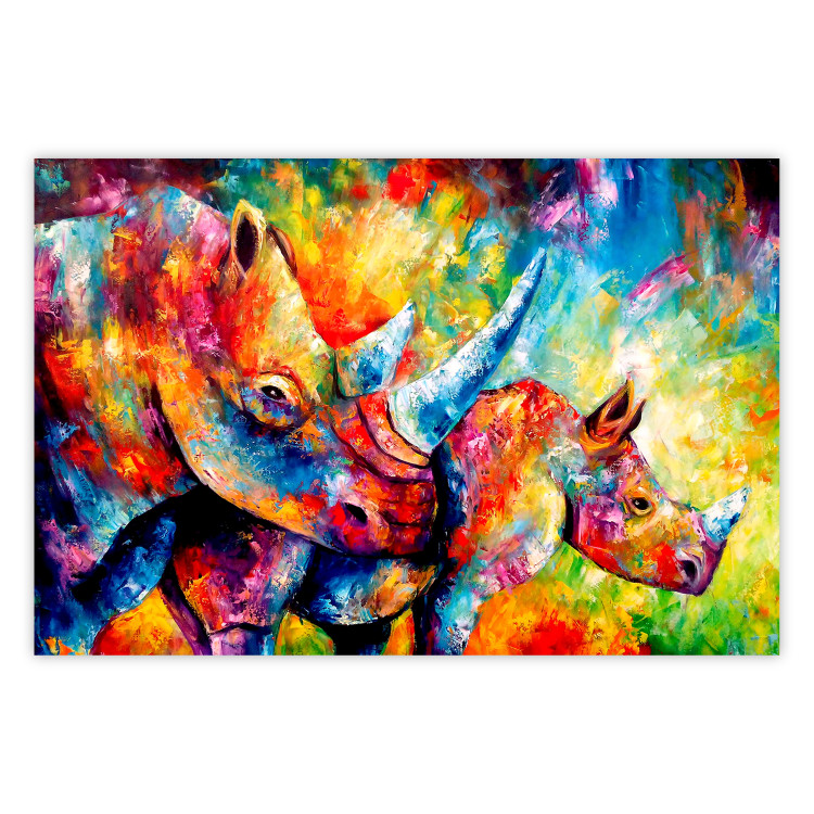 Poster Colorful Rhinoceroses - multicolored animals against a background of rainbow abstraction 127033