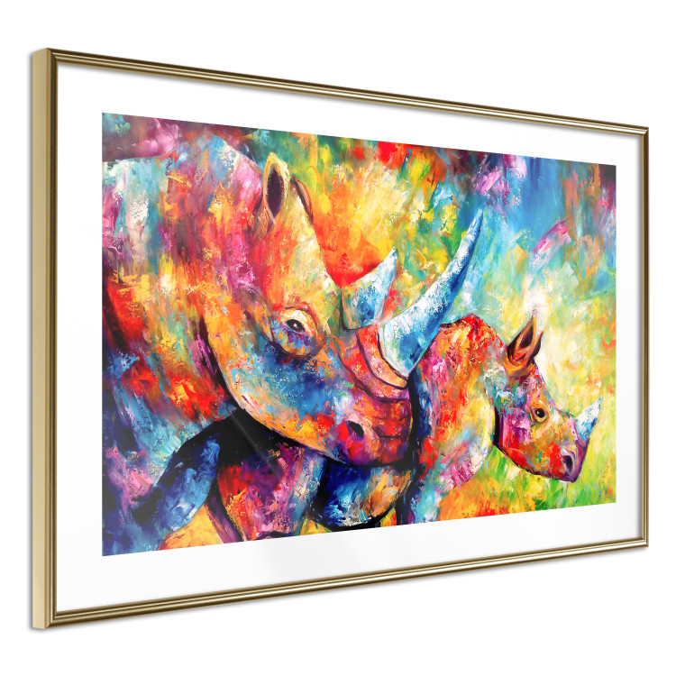 Poster Colorful Rhinoceroses - multicolored animals against a background of rainbow abstraction 127033 additionalImage 9