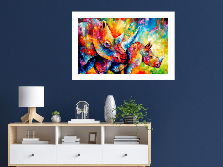 Poster Colorful Rhinoceroses - multicolored animals against a background of rainbow abstraction 127033 additionalImage 5
