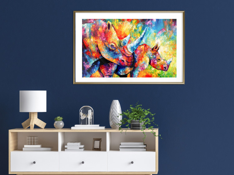 Poster Colorful Rhinoceroses - multicolored animals against a background of rainbow abstraction 127033 additionalImage 13