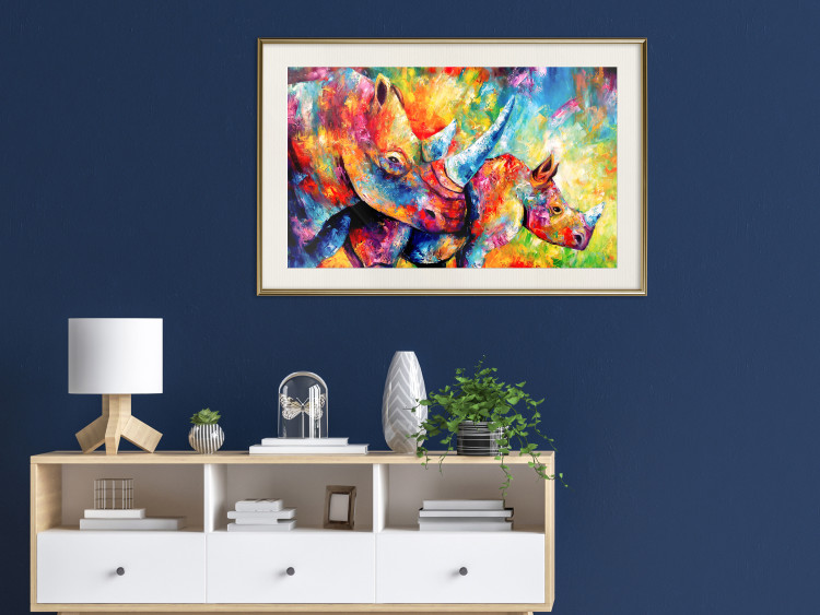 Poster Colorful Rhinoceroses - multicolored animals against a background of rainbow abstraction 127033 additionalImage 22