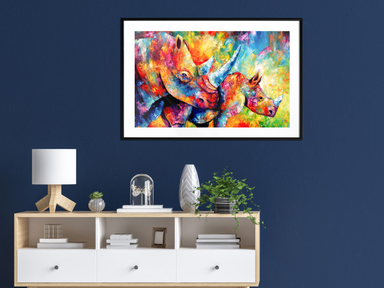 Poster Colorful Rhinoceroses - multicolored animals against a background of rainbow abstraction 127033 additionalImage 23