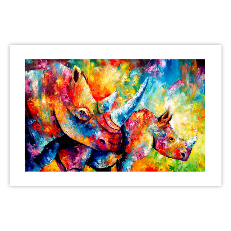 Poster Colorful Rhinoceroses - multicolored animals against a background of rainbow abstraction 127033 additionalImage 19