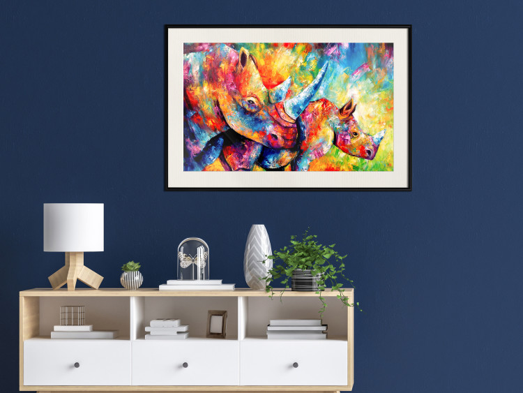 Poster Colorful Rhinoceroses - multicolored animals against a background of rainbow abstraction 127033 additionalImage 24