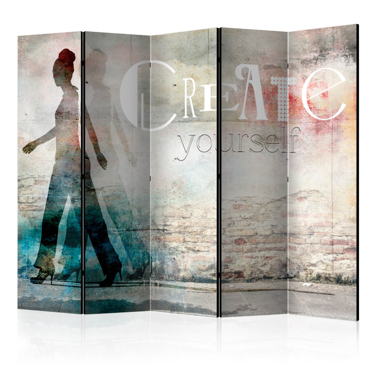 Folding Screen Create yourself II (5-piece) - silhouette of a woman and text on brick 132633