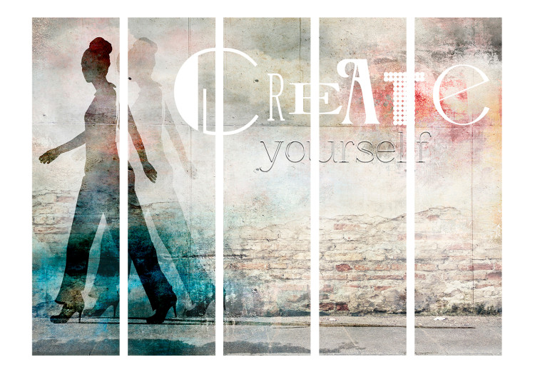 Folding Screen Create yourself II (5-piece) - silhouette of a woman and text on brick 132633 additionalImage 3