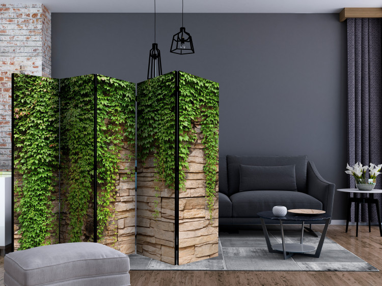 Folding Screen Ivy Wall II (5-piece) - beige bricks and green plants 132933 additionalImage 4