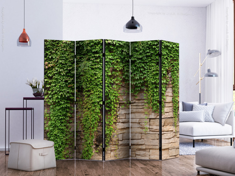 Folding Screen Ivy Wall II (5-piece) - beige bricks and green plants 132933 additionalImage 2