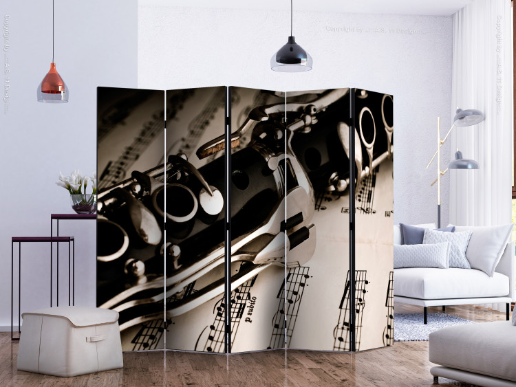 Folding Screen Clarinet and Musical Notes II (5-piece) - musical instrument against paper background 133333 additionalImage 2