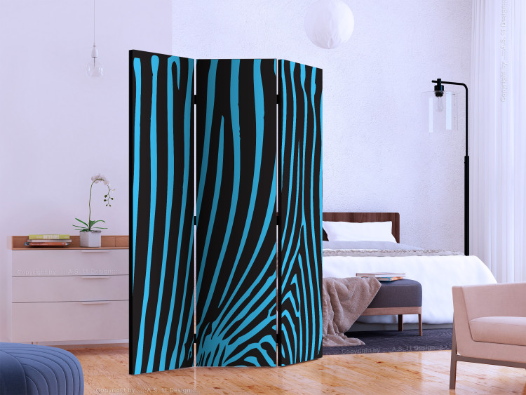 Folding Screen Zebra Pattern (Turquoise) (3-piece) - composition with blue stripes 133433 additionalImage 2