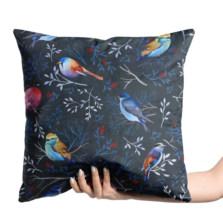 Decorative Velor Pillow Bird winter - a subtle graphic motif in shades of blue 147133 additionalImage 2
