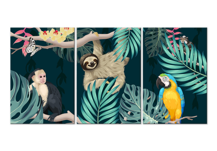 Canvas Print Exotic Animals (3-piece) - birds and mammals in a jungle backdrop 148833