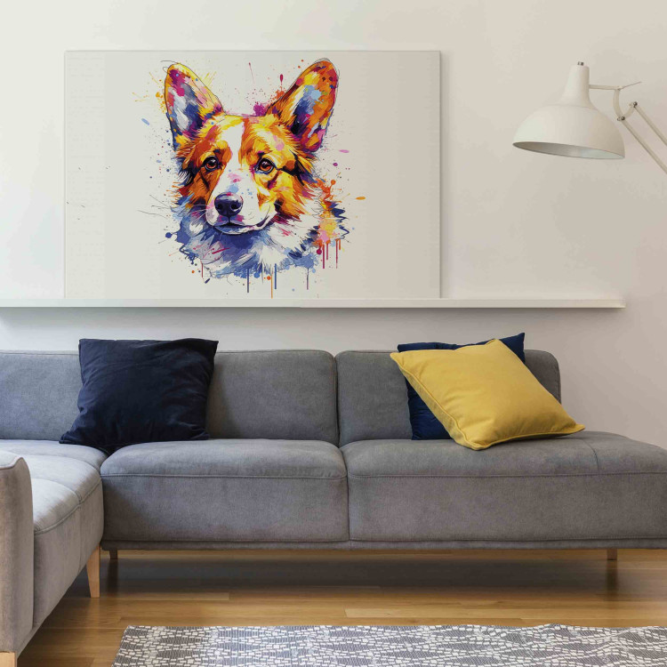 Canvas Print Happy Dog - Corgi Portrait on White Background With Splashes of Paint 159533 additionalImage 3