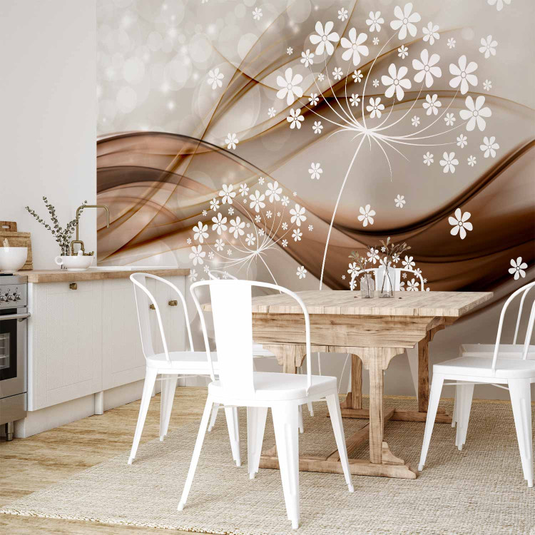 Wall Mural Composition with sparkle - white graphic flowers on a brown wave background 66233 additionalImage 7