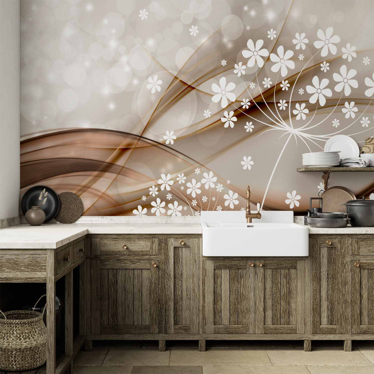 Wall Mural Composition with sparkle - white graphic flowers on a brown wave background 66233 additionalImage 6
