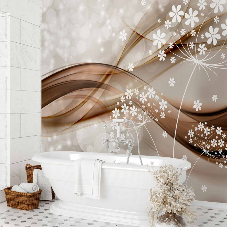 Wall Mural Composition with sparkle - white graphic flowers on a brown wave background 66233 additionalImage 8