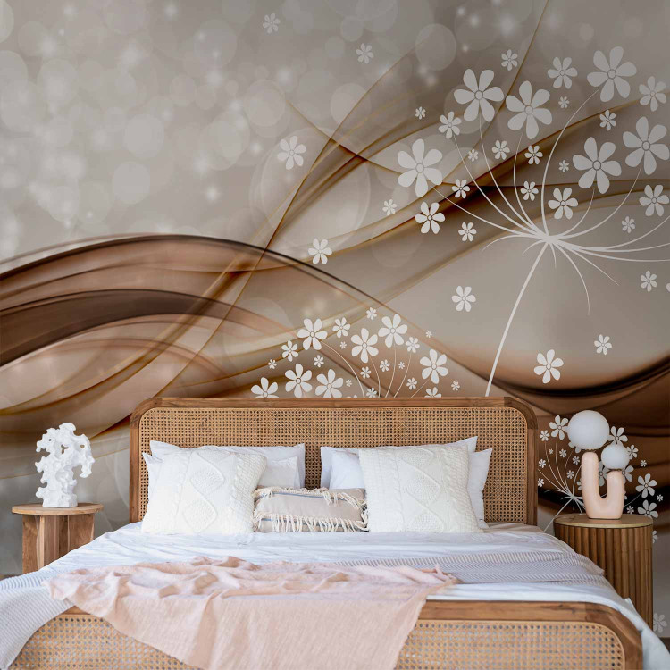Wall Mural Composition with sparkle - white graphic flowers on a brown wave background 66233 additionalImage 2