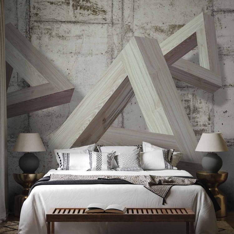 Wall Mural Contemporary composition - three wooden triangles on a concrete background 72033 additionalImage 2