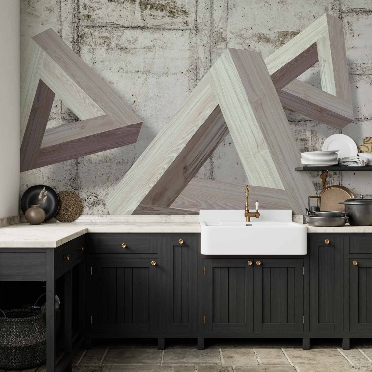 Wall Mural Contemporary composition - three wooden triangles on a concrete background 72033 additionalImage 6