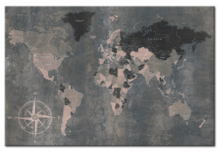 Canvas Art Print Journey Through Continents (1-part) - World Map in Gray Tones 96033