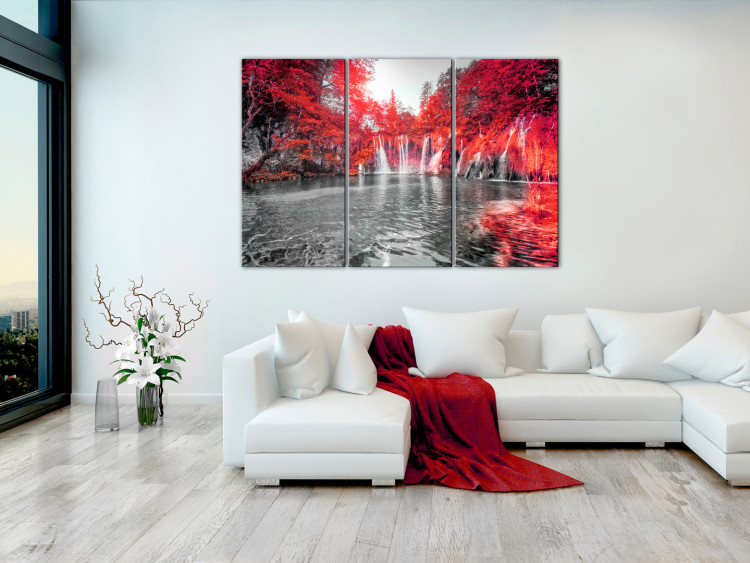 Canvas Ruby Forest Waterfalls - Waterfall Landscape with Red Forest Background 97733 additionalImage 3