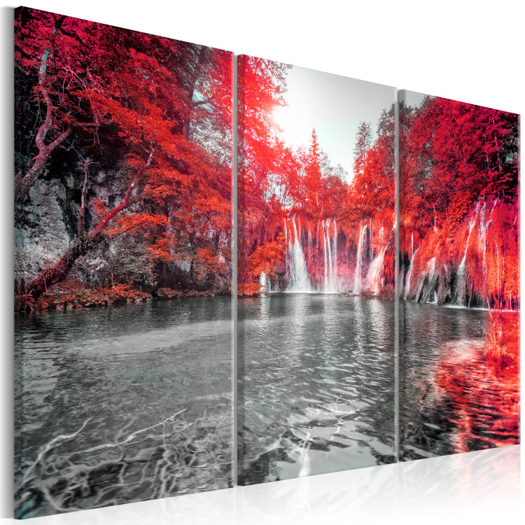 Canvas Ruby Forest Waterfalls - Waterfall Landscape with Red Forest Background 97733 additionalImage 2