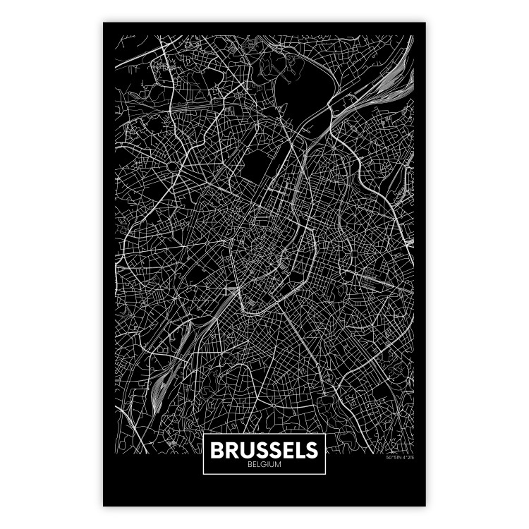 Wall Poster Dark Map of Brussels - black and white composition with English inscriptions 118143