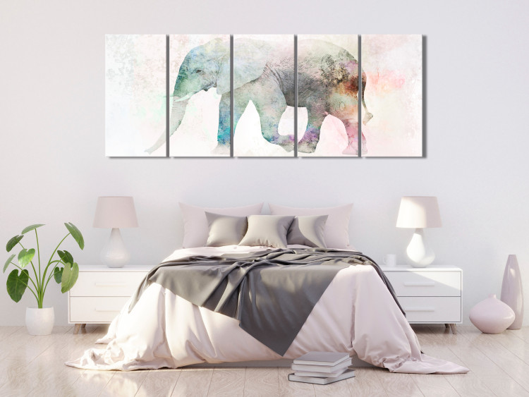 Canvas Art Print Painted Elephant (5-part) narrow - multicolored elephant on a beige background 127543 additionalImage 3