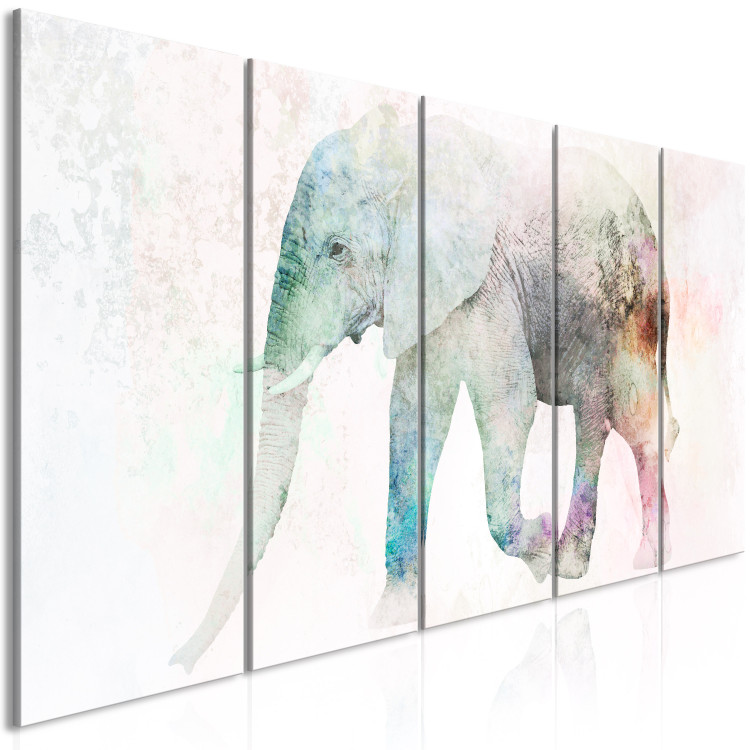 Canvas Art Print Painted Elephant (5-part) narrow - multicolored elephant on a beige background 127543 additionalImage 2