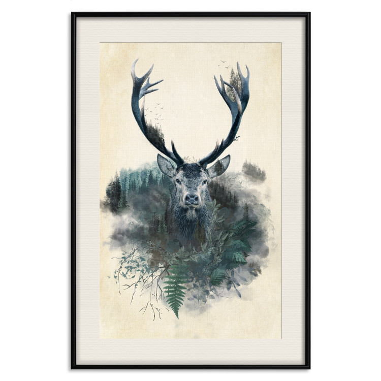 Poster Forest Spirit - abstract dark deer with large antlers on a beige background 130343 additionalImage 19