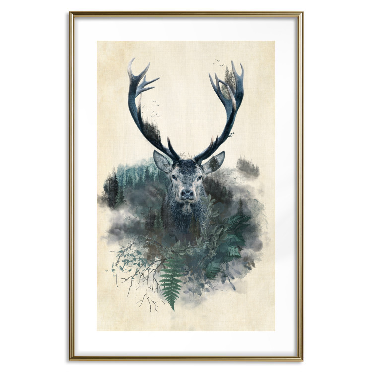 Poster Forest Spirit - abstract dark deer with large antlers on a beige background 130343 additionalImage 16