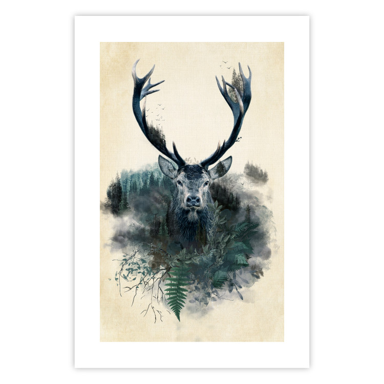 Poster Forest Spirit - abstract dark deer with large antlers on a beige background 130343 additionalImage 25