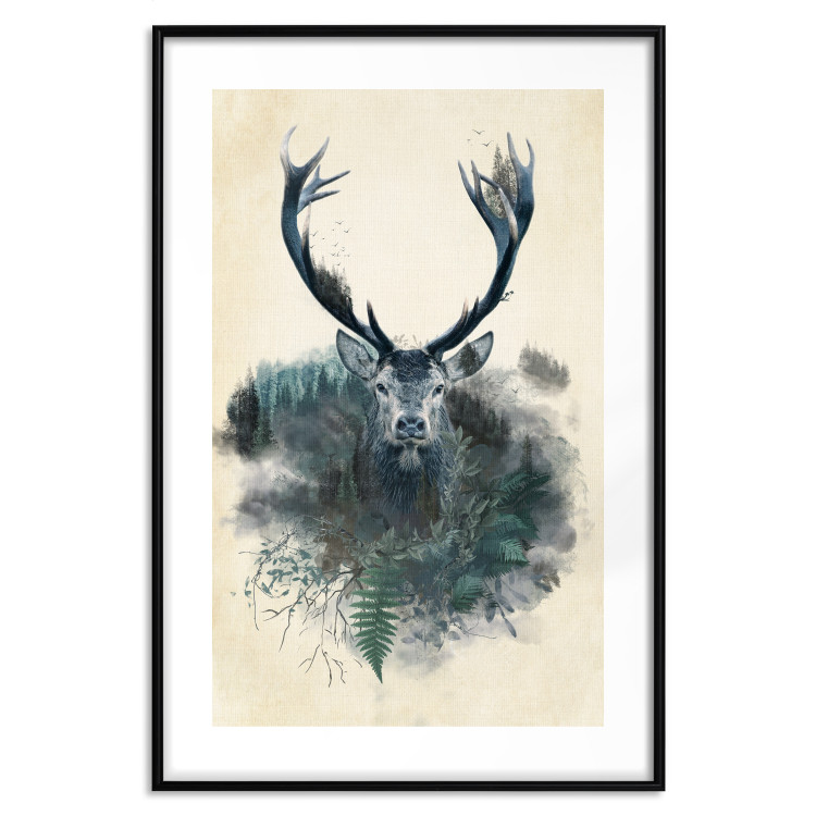 Poster Forest Spirit - abstract dark deer with large antlers on a beige background 130343 additionalImage 17