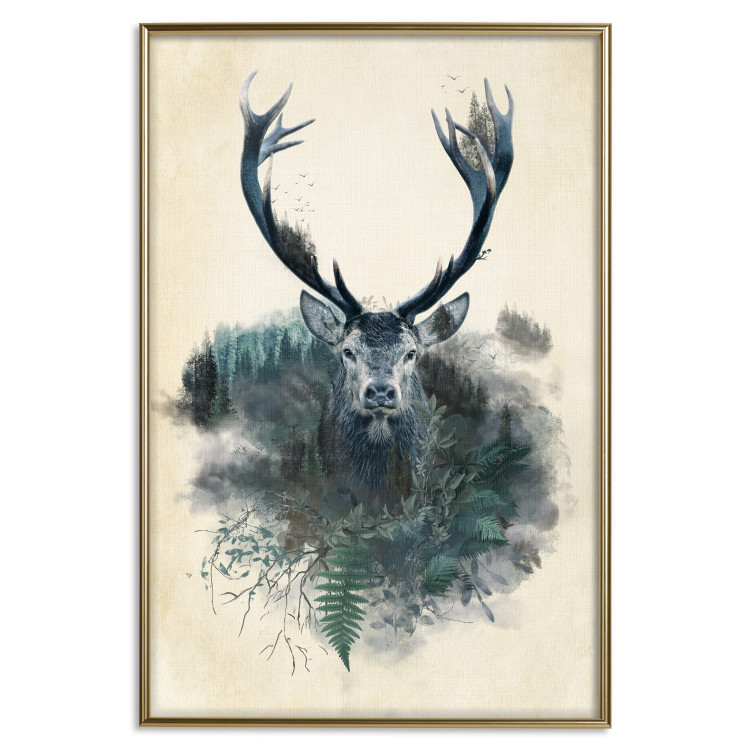 Poster Forest Spirit - abstract dark deer with large antlers on a beige background 130343 additionalImage 21