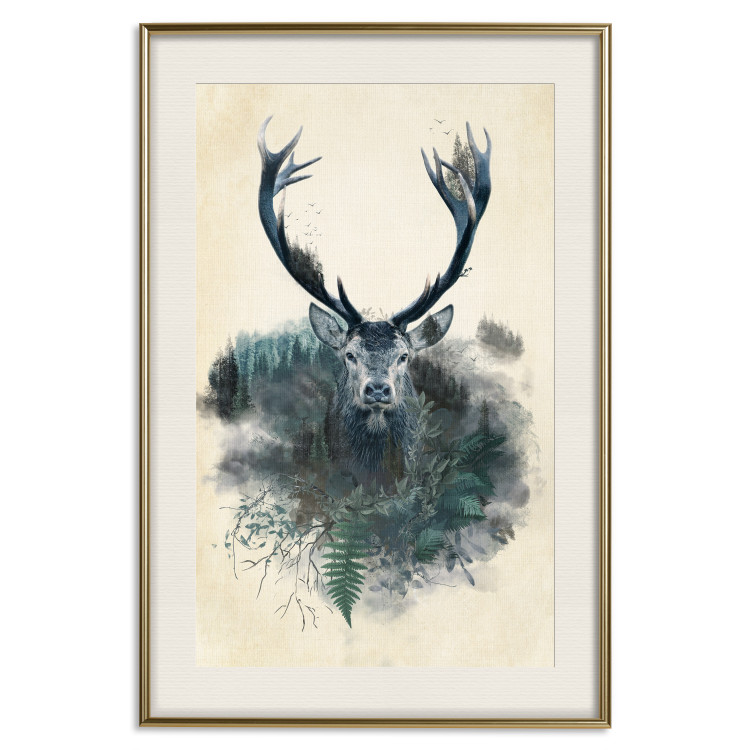 Poster Forest Spirit - abstract dark deer with large antlers on a beige background 130343 additionalImage 20