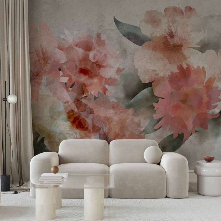 Photo Wallpaper Flowering garden painted in watercolour - floral motif of pink peonies 135743