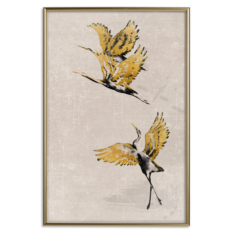Poster Golden Geese - pattern of flying birds and beige background in scandi boho style 136543 additionalImage 27