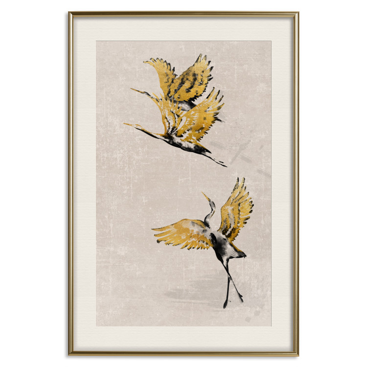 Poster Golden Geese - pattern of flying birds and beige background in scandi boho style 136543 additionalImage 23