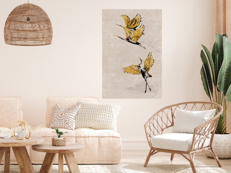 Poster Golden Geese - pattern of flying birds and beige background in scandi boho style 136543 additionalImage 7