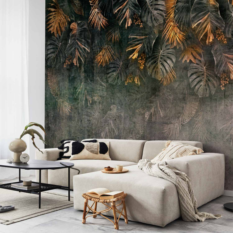 Wall Mural Gilded nature - landscape with tropical leaves on a non-uniform background 143443
