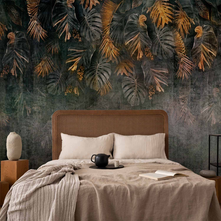 Wall Mural Gilded nature - landscape with tropical leaves on a non-uniform background 143443 additionalImage 2